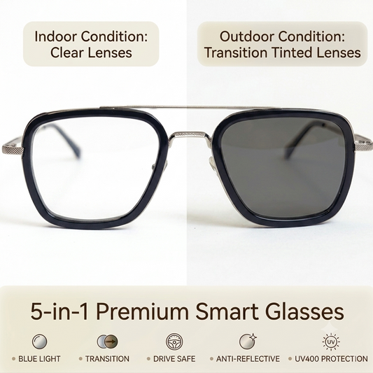 Western Trendy 5 in 1 Glasses - Black silver - Transition + Screen - With Free Gifts