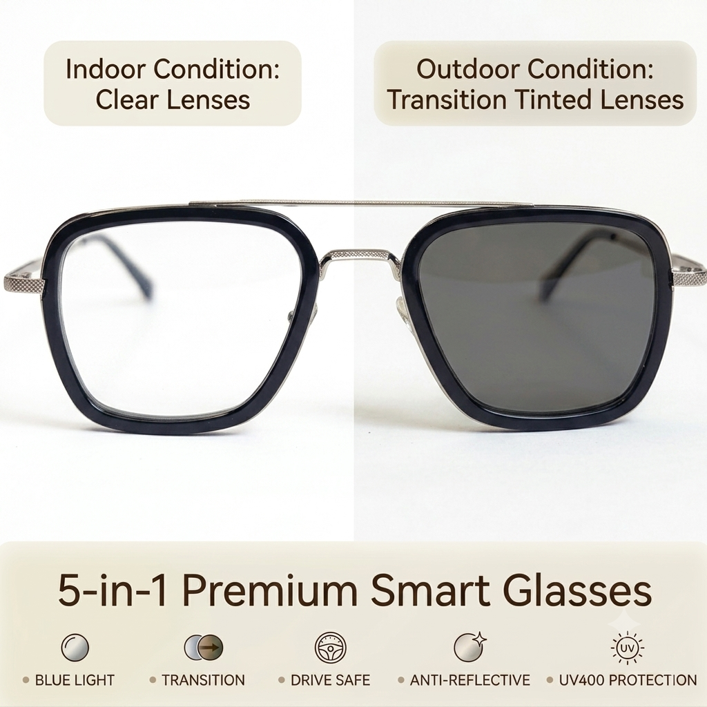 Western Trendy 5 in 1 Glasses - Black silver - Transition + Screen - With Free Gifts