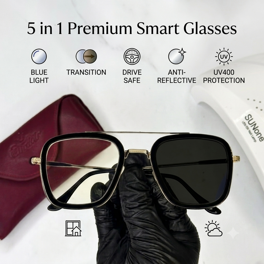 Western Trendy 5 in 1 Glasses - Black silver - Transition + Screen - With Free Gifts